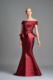 Pleated Metallic Satin Off-Shoulder Gown