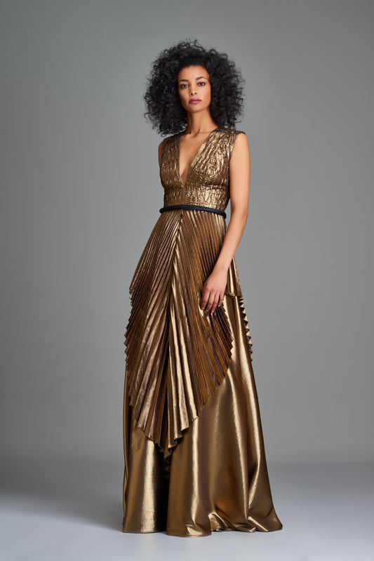 Pleated Metallic Satin Gown with Bodice Detail