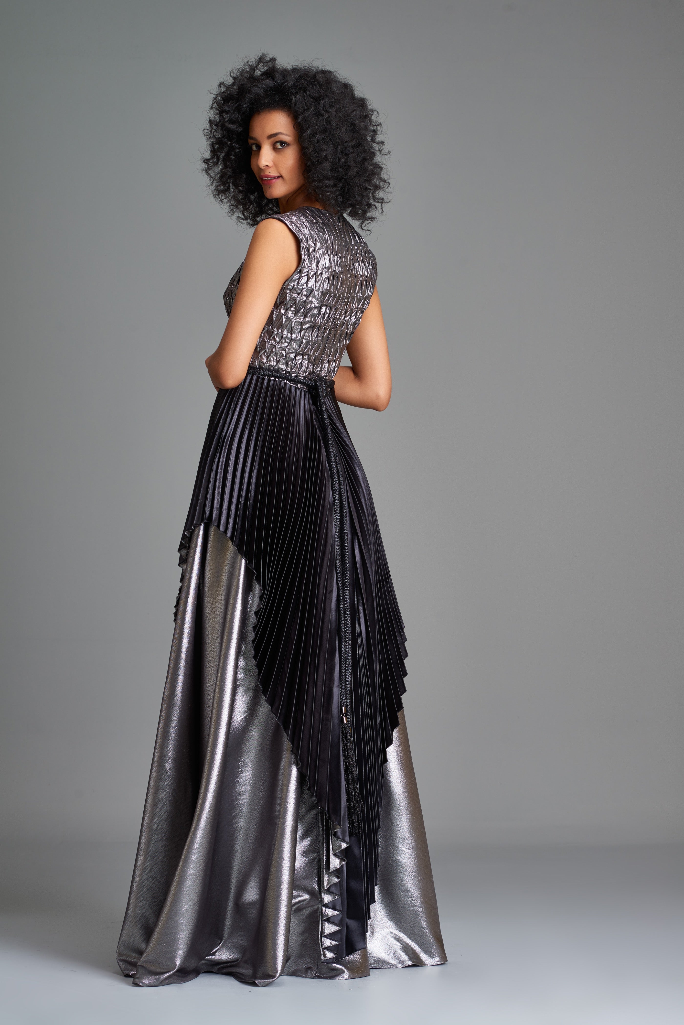 Pleated Metallic Satin Gown with Bodice Detail