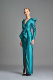 Structured Sleeve Stretch Metallic Draped Long Dress