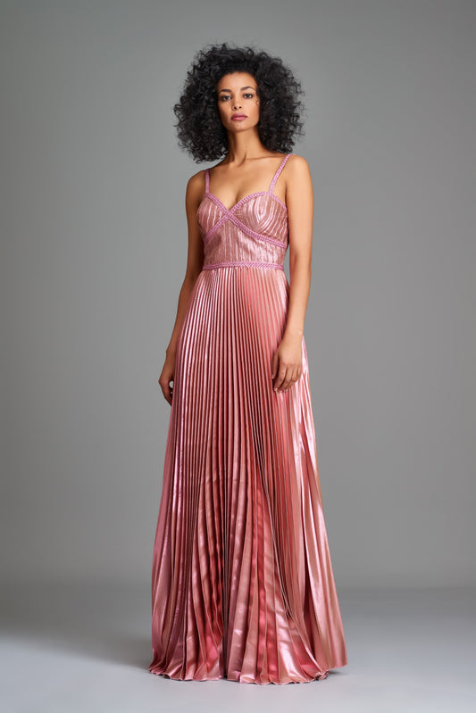 Pleated Metallic Satin Gown with Metallic Band Trim