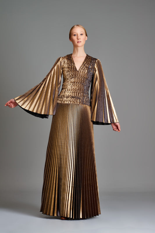 Pleated Metallic Satin Gown with Bodice Detail