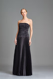 Pleated Metallic Satin Gown with Bodice Detail