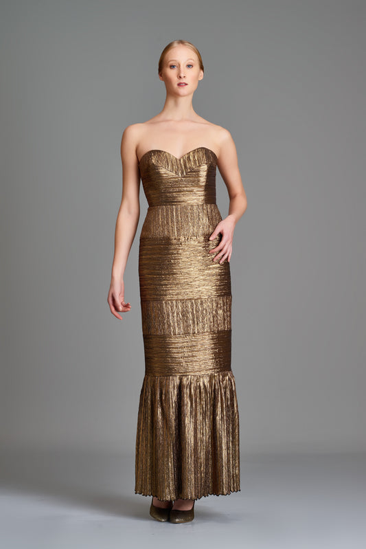 Pleated Metallic Satin Paneled Gown