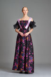 Flowered Jacquard Bodice with Organza Sleeve Detail with Pleated Skirt