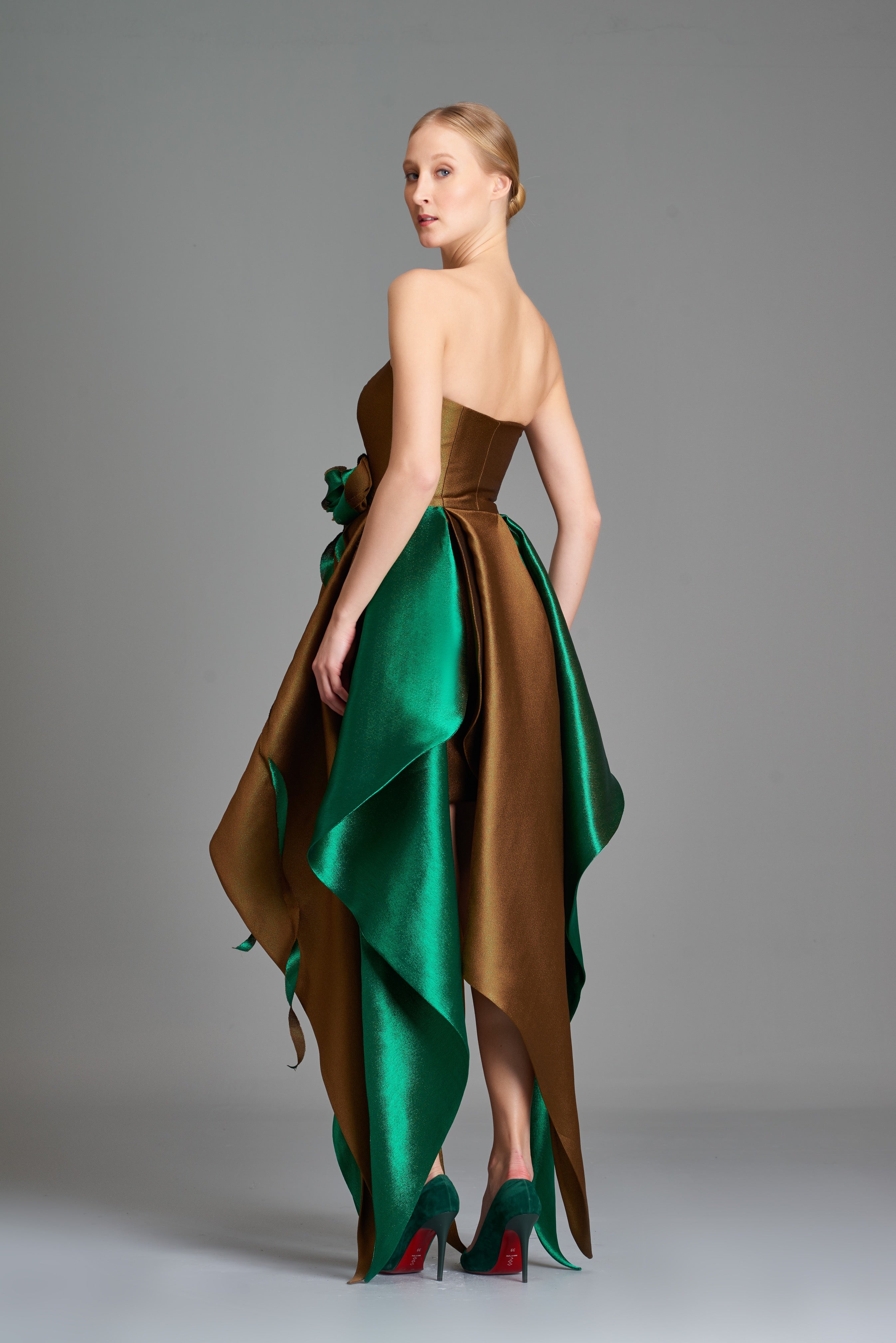 3D Flower Detailed Double-Side Taffeta Midi Dress