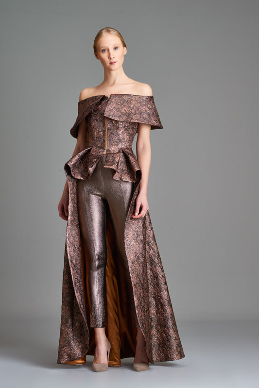 Flowered Metallic Jacquard Top with Stretch Metallic Fabric Loose Pant