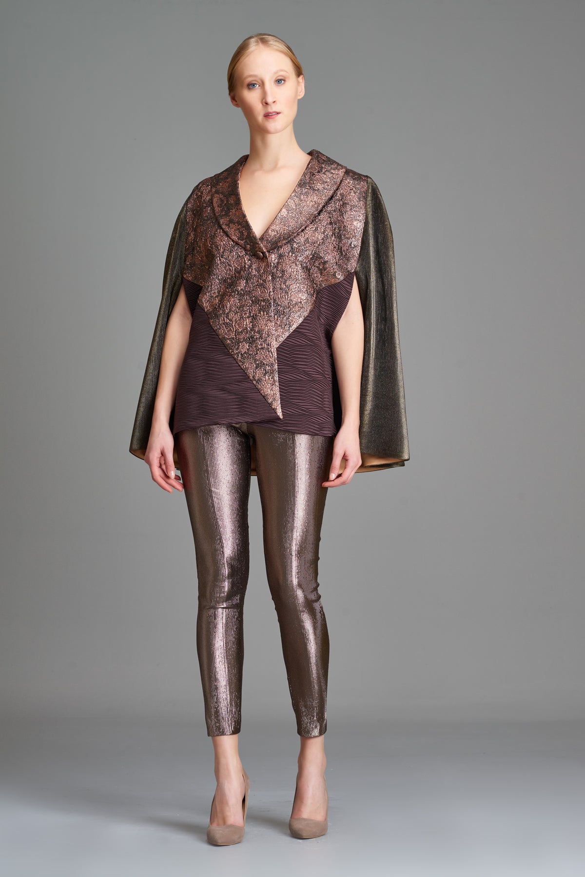 Multi Fabric Combined Cape Jacket with Stretch Metallic Fabric Skinny Pant
