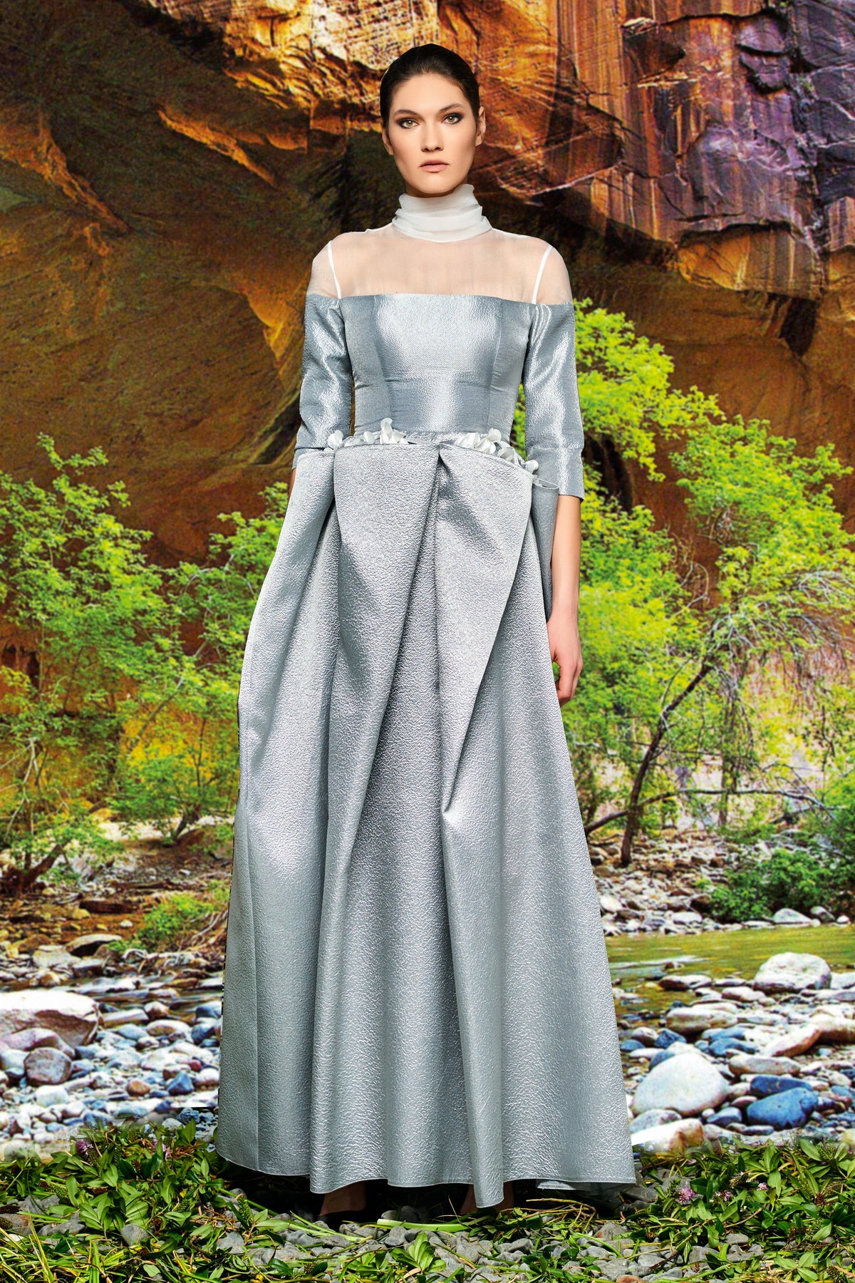 3D Flower Applique Metallic Crinkle Jacquard Gown
