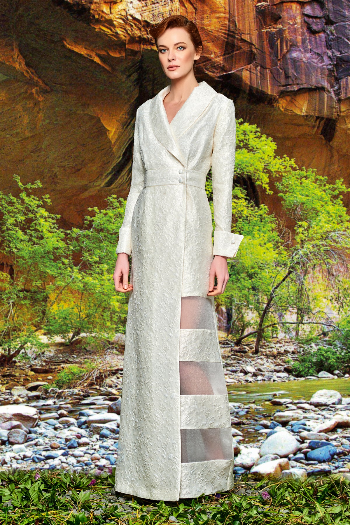 Organza Band Detailed Flowered Jacquard Long Jacket