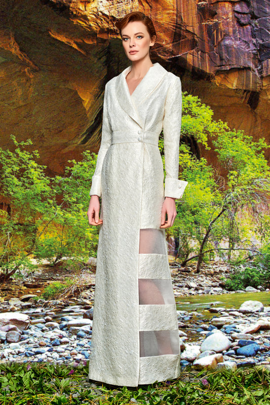 Organza Band Detailed Flowered Jacquard Long Jacket