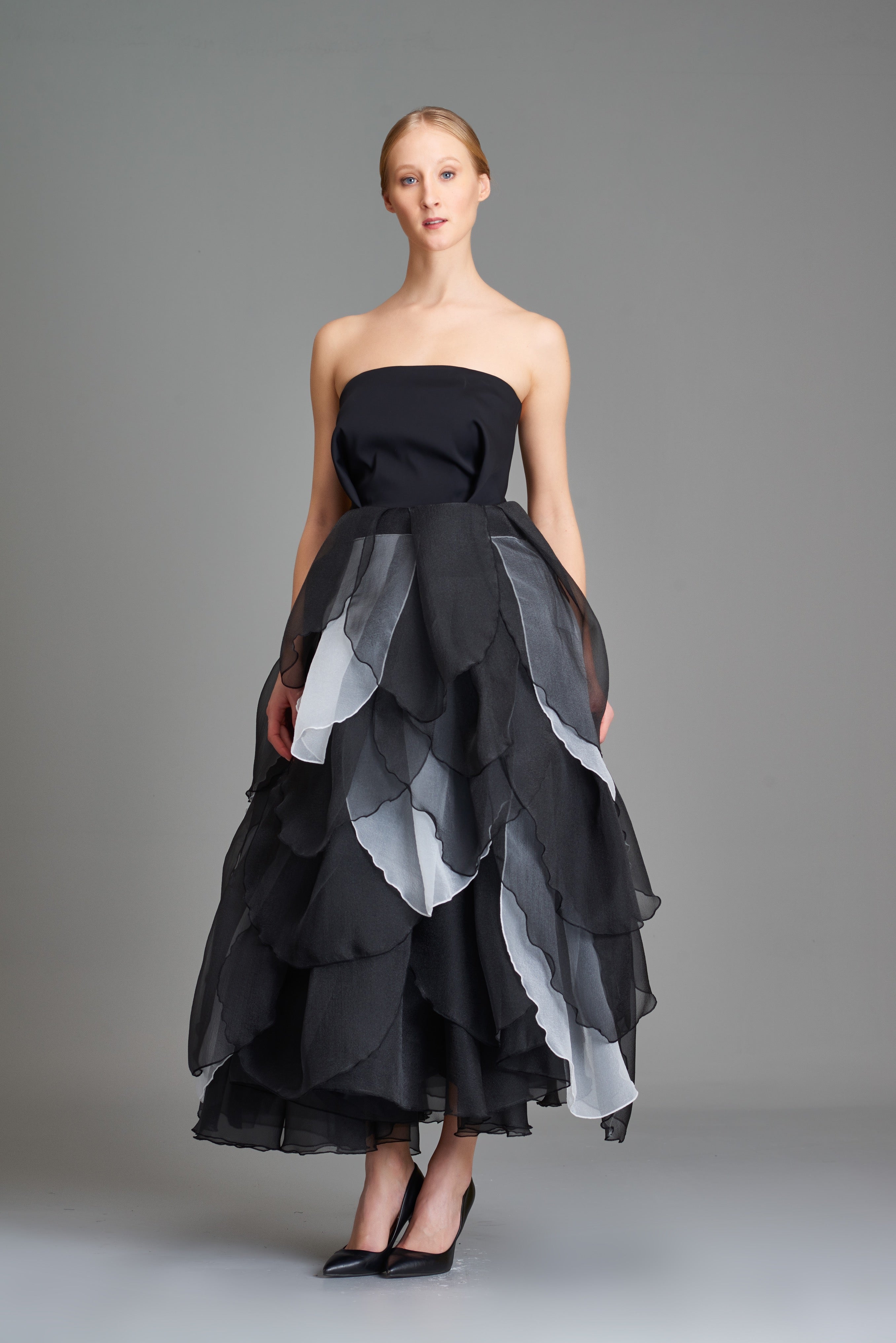 Layered Organza and Double-Faced Viscose Long Dress Black Layered Organza and Double-Faced Viscose Long Dress Black