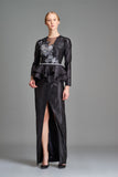 Flowered Jacquard and Stretch Metallic Draped Long Dress