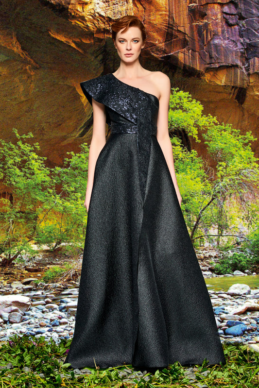 Asymmetric Metallic Crinkled Jacquard Gown