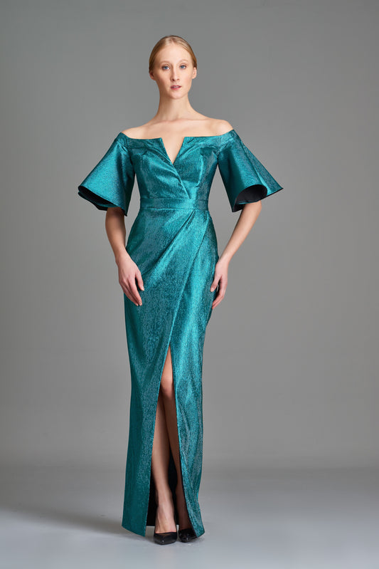 Off-Shoulder Stretch Metallic Draped Long Dress