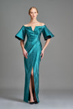 Off-Shoulder Stretch Metallic Draped Long Dress