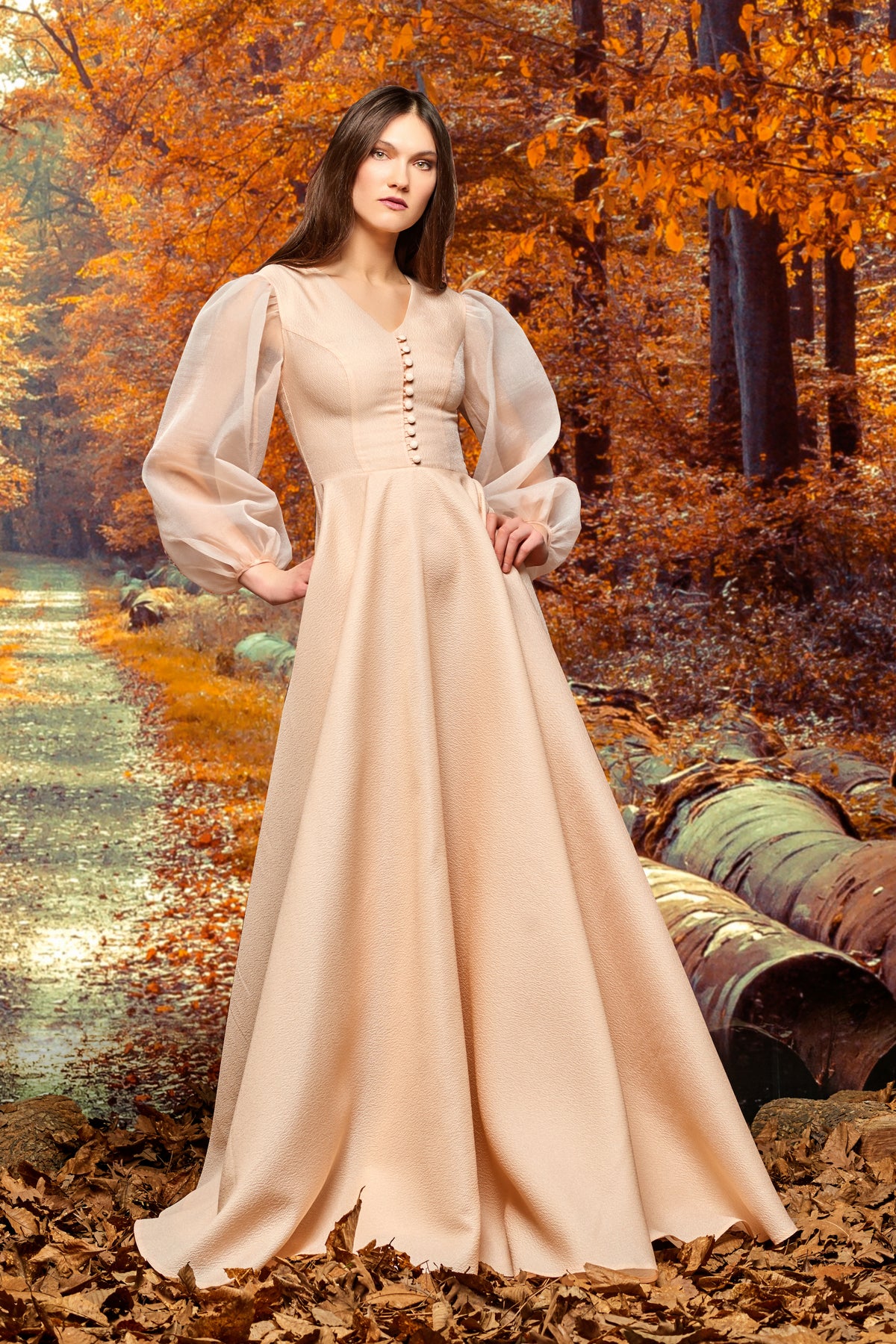 Metallic Crinkle Jacquard Gown with Organza Cape