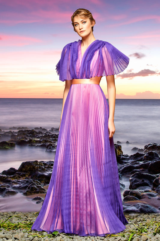 Organza Pleat Layered Taffeta Draped Long Dress