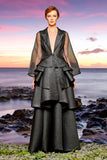 Organza Sleeve Metallic Jacquard Layered Long Jacket