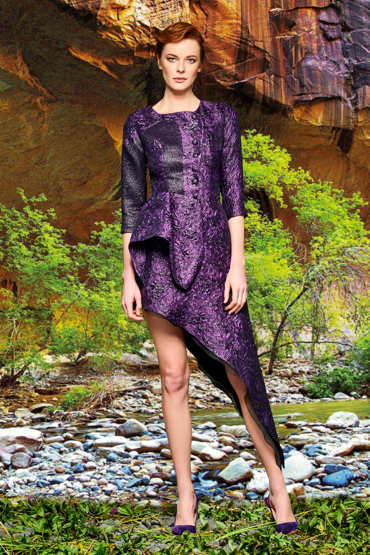 Asymmetric Metallic and Flowered Jacquard Mini Dress