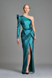 One-Sleeve Stretch Metallic Draped Long Dress