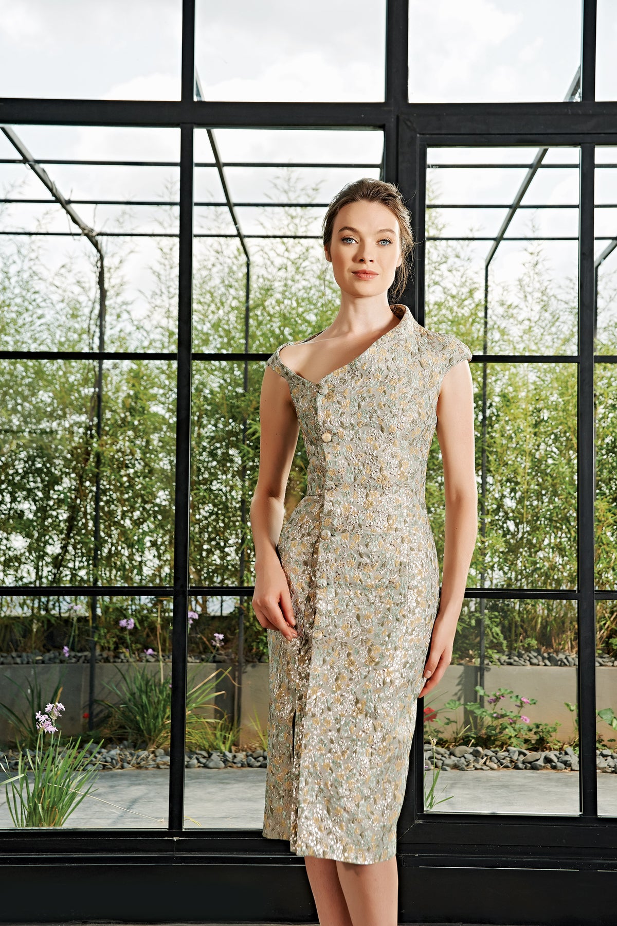 Asymmetric Neckline Flowered Jacquard Dress John Paul Ataker Asymmetric Neckline Flowered Jacquard Dress John Paul Ataker