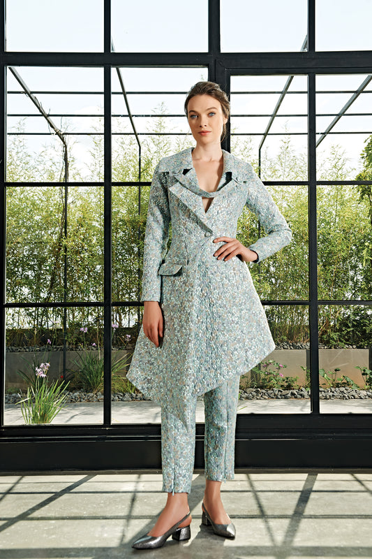 Flowered Jacquard Asymmetric Jacket and Jacquard Pant