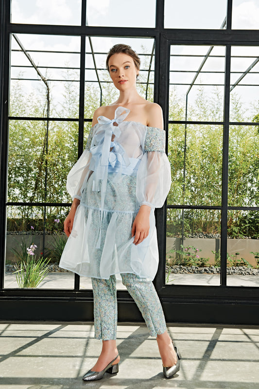 Flowered Jacquard and Organza Top and Jacquard Pant