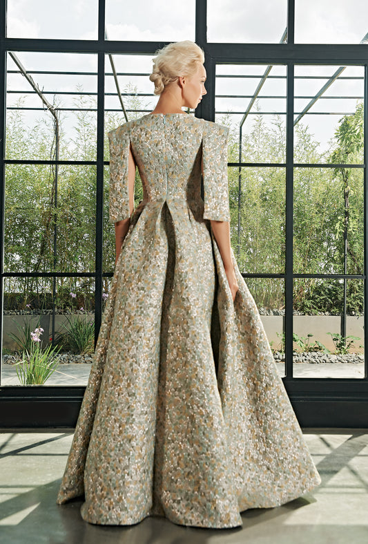 Pleated Flowered Jacquard Long Dress