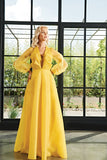 Draped Jacquard Long Dress with Organza Sleeves