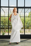 Embroideried Faille Long Dress with Organza Shawl