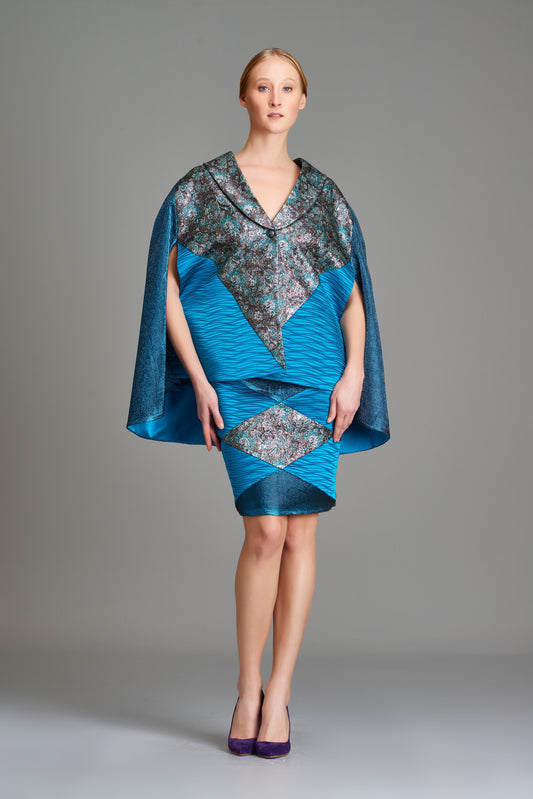 Multi Fabric Combined Cape Jacket with Multi Fabric Combined Skirt