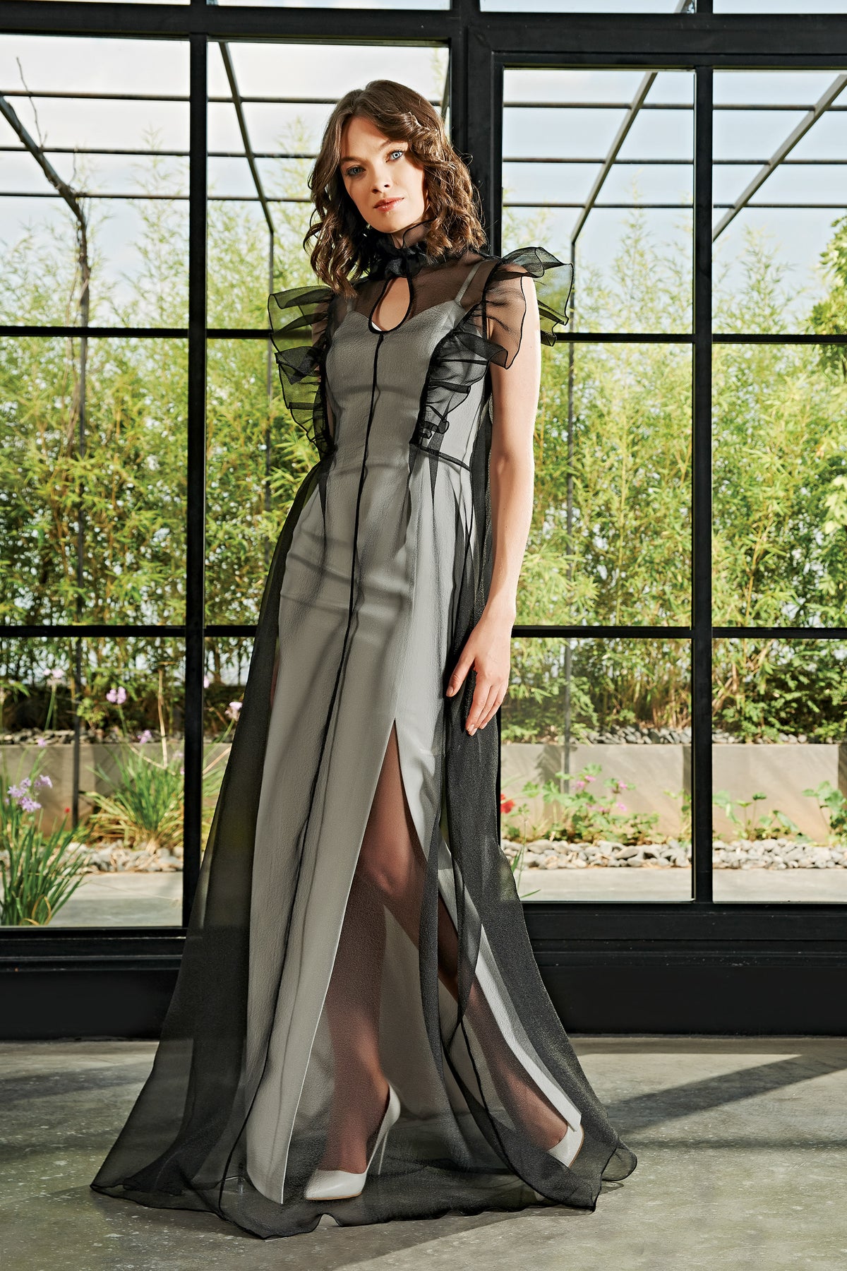 Fitted Long Dress with Ruffled Organza Overdress