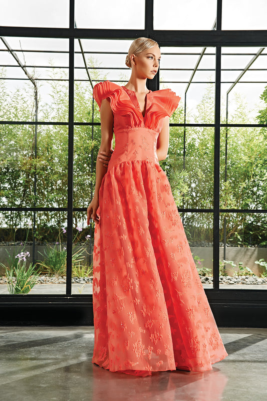 Organza Ruffle Neckline Flowered Fil-Coupe Long Dress