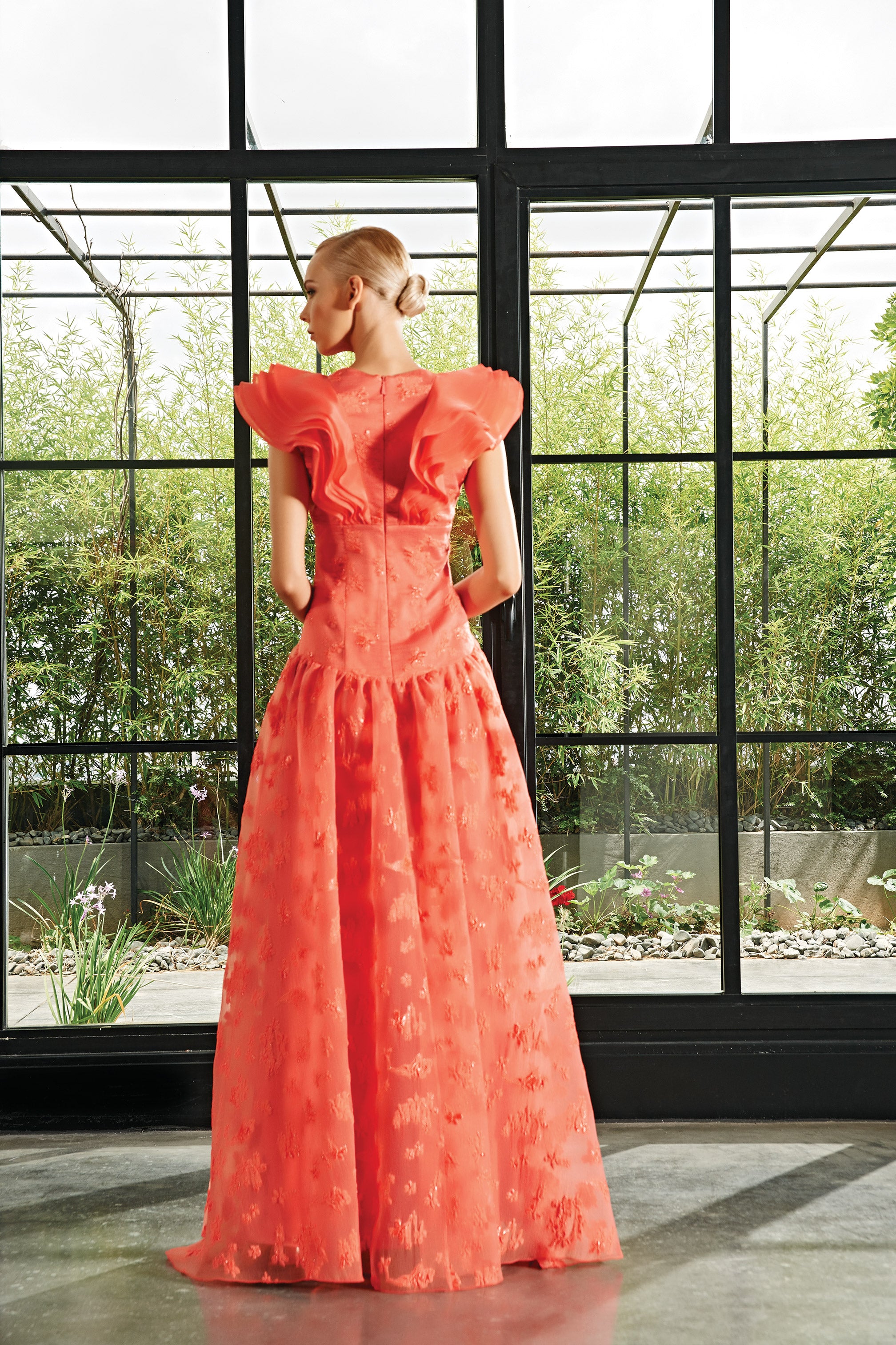 organza orange dress Orange Organza Maxi Dress with Ruffle Hem High Neck Wedding Prom Evening Gown