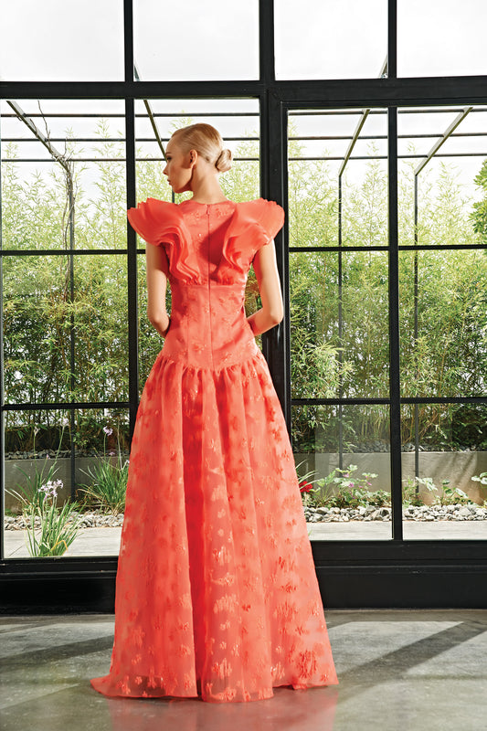 Organza Ruffle Neckline Flowered Fil-Coupe Long Dress