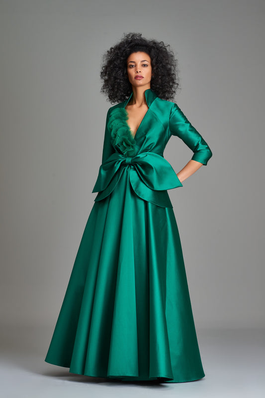 Bow Detailed Taffeta Long Dress