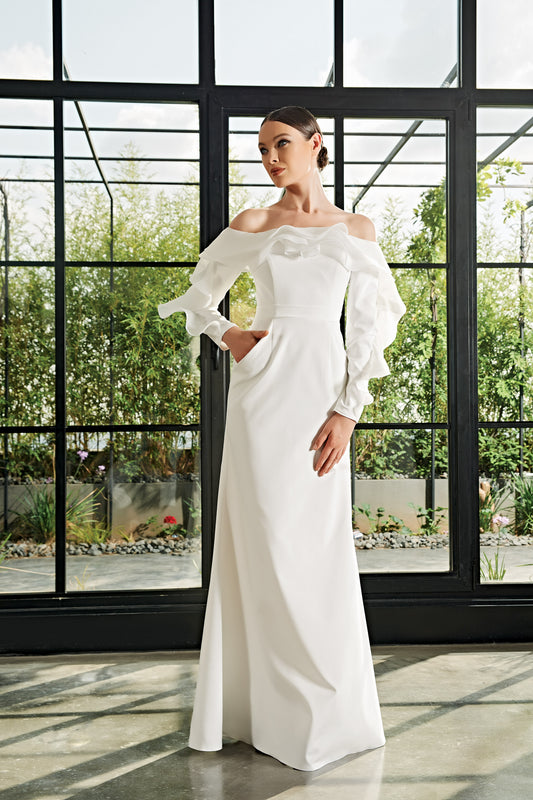 Organza Ruffle Detailed Faille Long Dress
