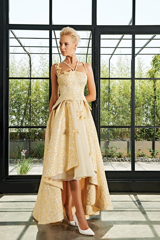 Flowered Jacquard and Soft Organza Hi-Low Gown