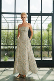Strapless Flowered Jacquard Long Dress with Piping Detail