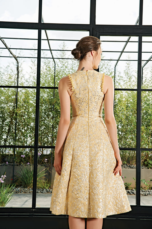 ﻿Flowered Jacquard Midi Dress with Hoop Trims