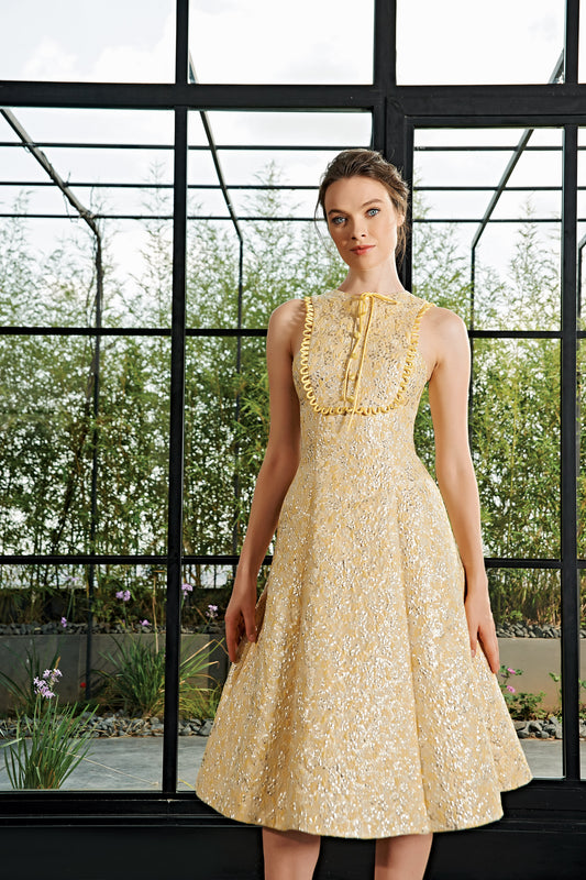 ﻿Flowered Jacquard Midi Dress with Hoop Trims