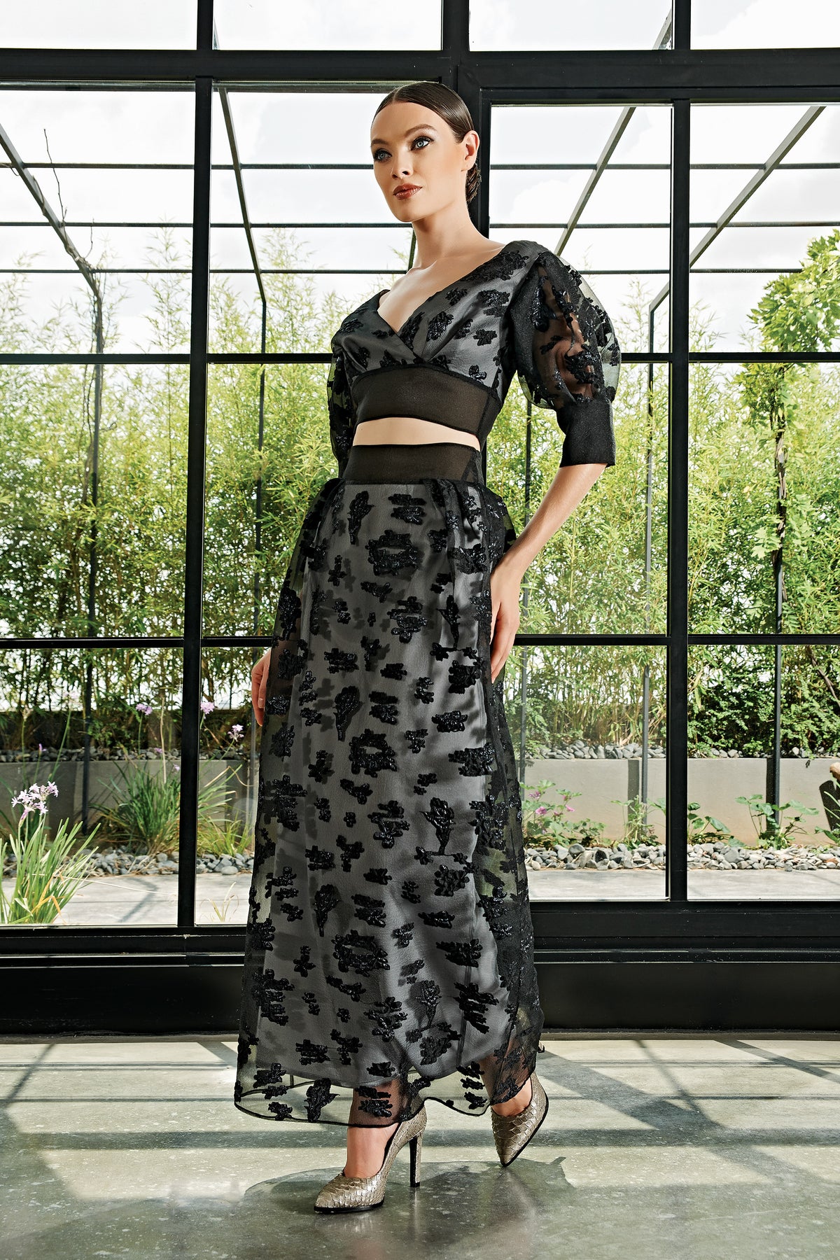 Flowered Fil-Coupe Crop Top and Flowered Fil-Coupe Skirt