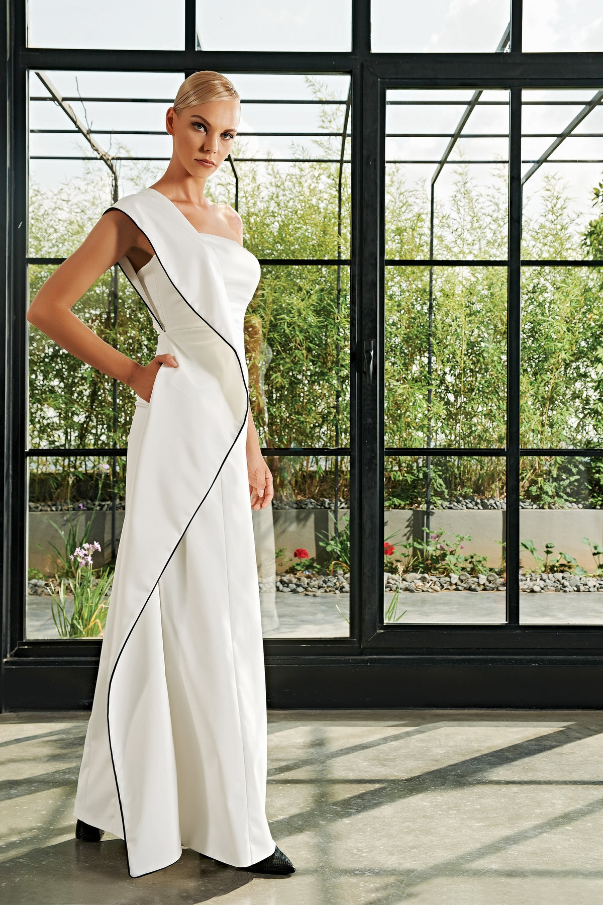 white dress with black piping Piping Detailed Long Dress