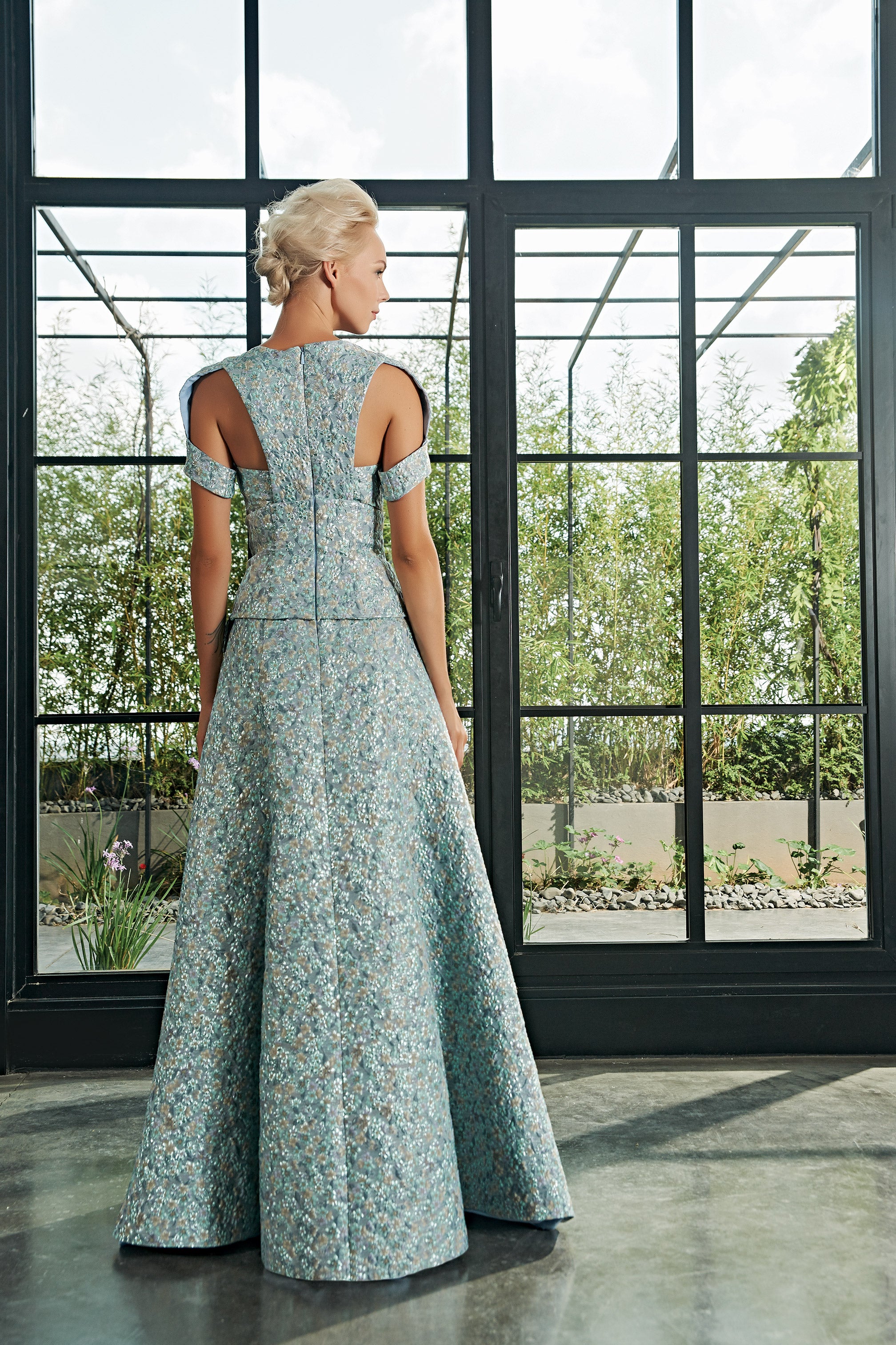 Cut-Out Detail Floral Jacquard Gown BLUE Cut-Out Detail Floral Jacquard Gown BLUE