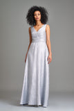 Pleated Metallic Satin Long Dress with Cord Belt