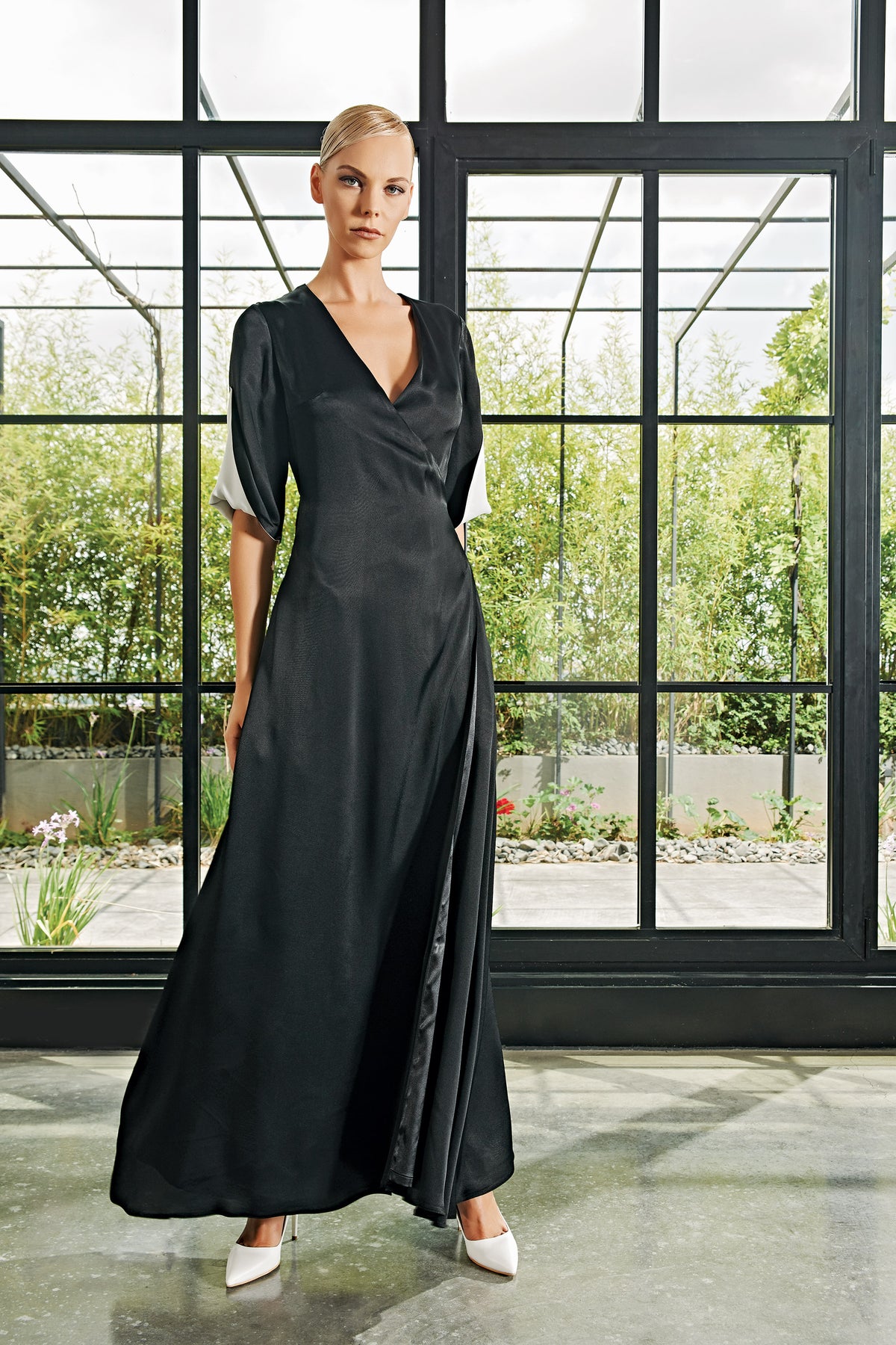 Two-Toned Viscose Satin Long Wrap Dress