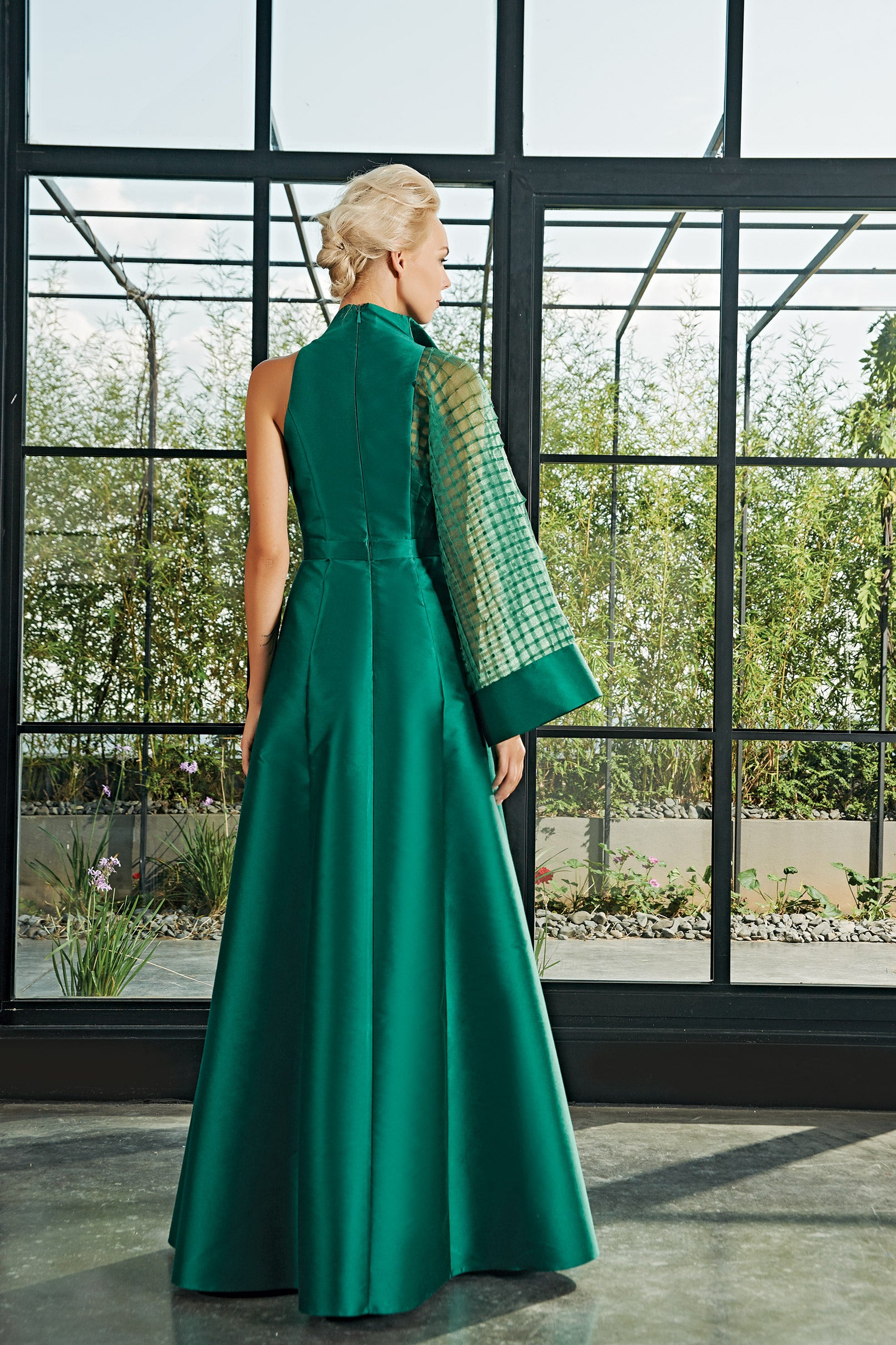 One-Sleeve Pleat Organza and Taffeta Long Dress Red One-Sleeve Pleat Organza and Taffeta Long Dress Red