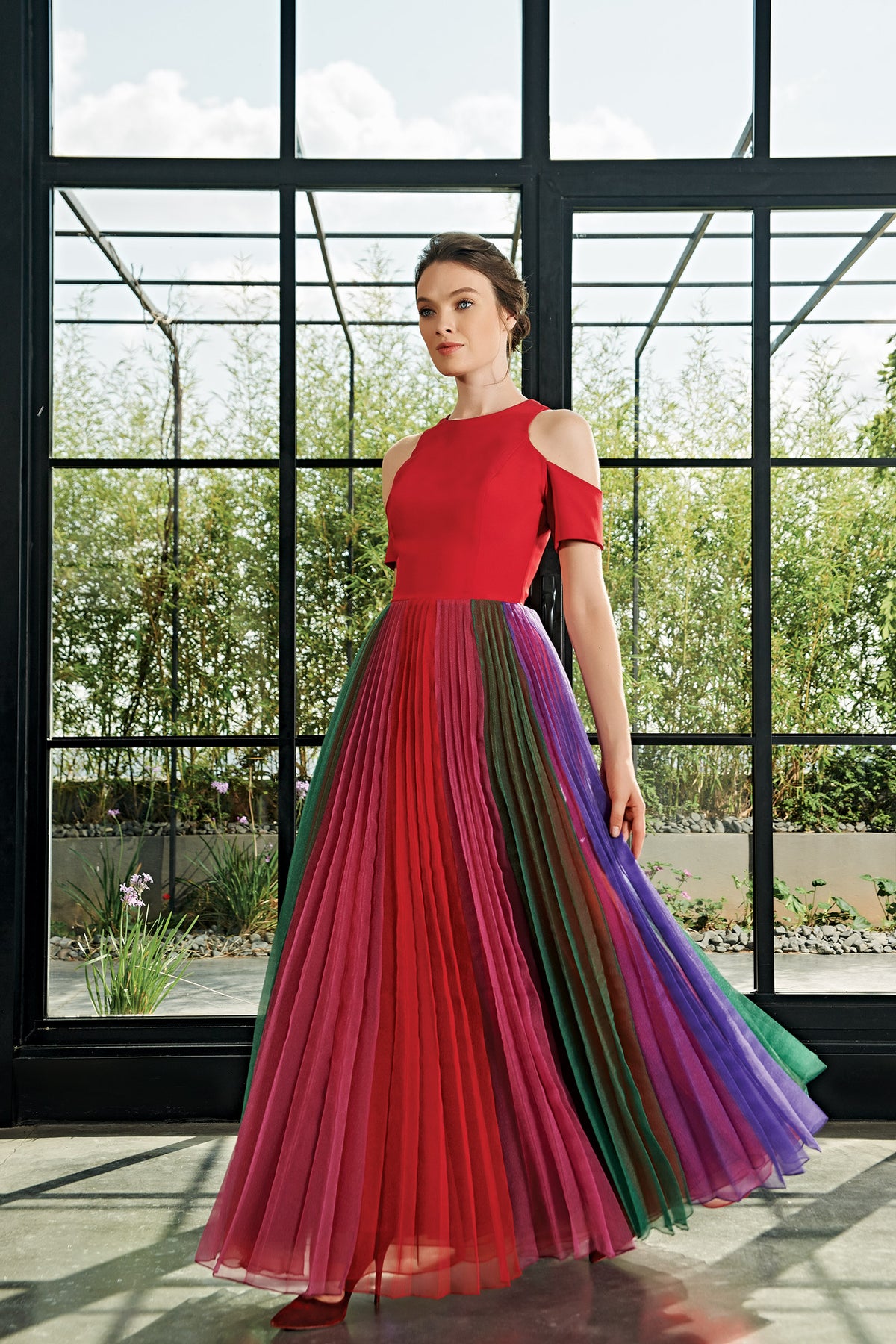 pleated colorful dress Fleur Plunge Neckline Pleated Maxi Dress