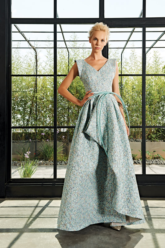 Draped Flowered Jacquard Gown